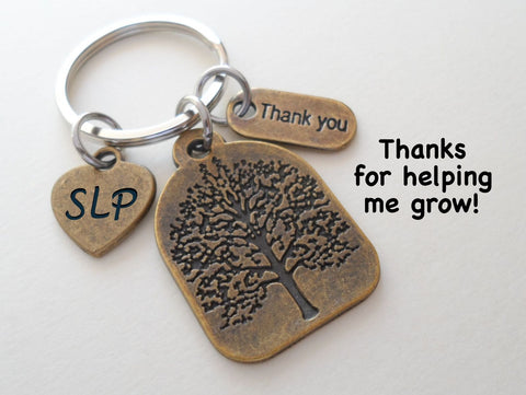 Bronze Speech Therapist Keychain, Speech Language Pathologist Keychain with Tree, SLP Heart, and Thank You Charm, Appreciation Gift