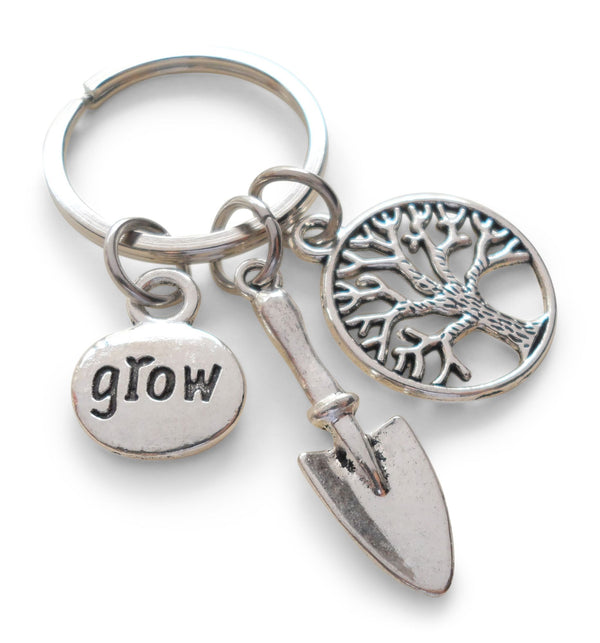 Shovel, Small Tree, & Grow Flower Charm Keychain, Gardening Keychain Gift, Teacher Keychain - Thanks for Helping Me Grow