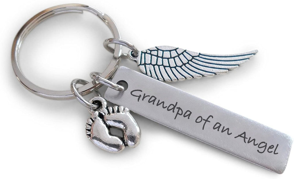 Grandpa of an Angel Engraved Keychain, Baby Memorial Keychain, Wing Charm and Baby Feet Charm