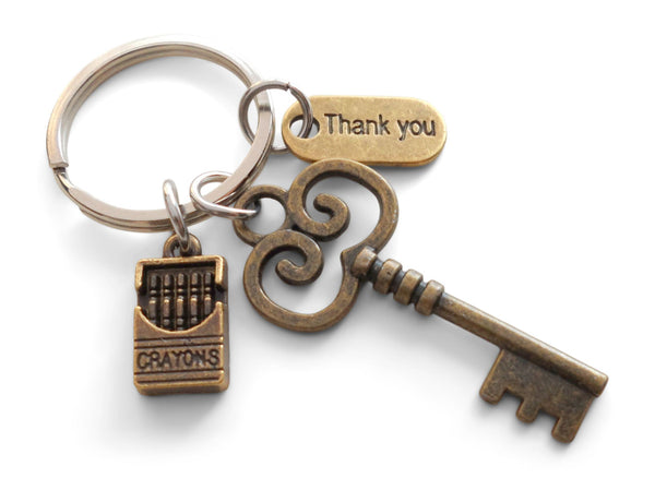 Bronze Key and Crayons Charm Keychain with Thank You Charm, School Teacher Appreciation Gift