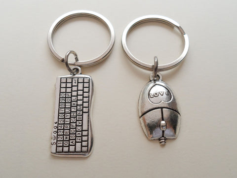 Custom Computer Keyboard and Mouse Keychains with Letter Charms for Couples or Best Friends Initials, Anniversary Gift Keychain