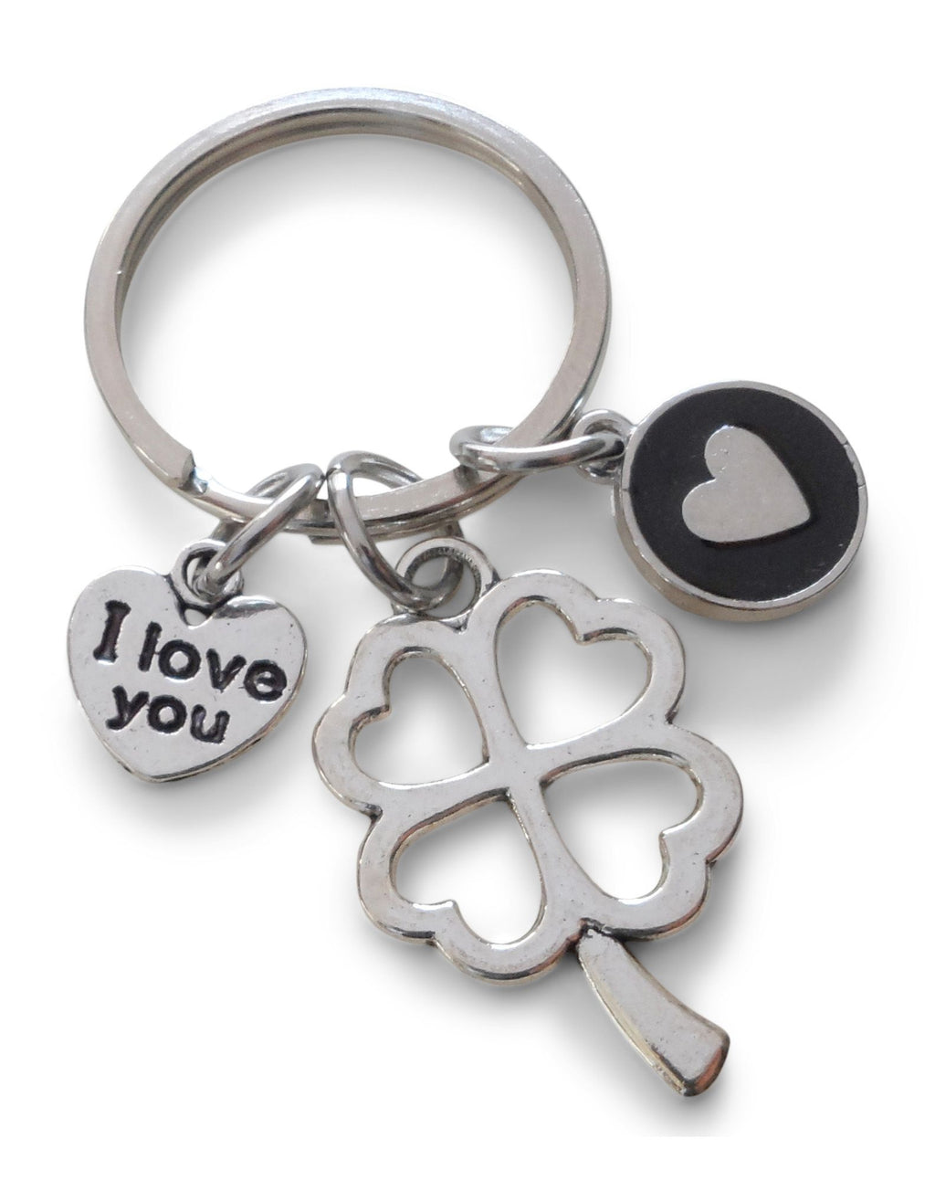 Clover Charm Keychain with I Love you Heart Charm and Circle Charm with a Heart Shape - Lucky to Have You, Couples Keychain