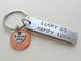 Aluminum Keychain Engraved with "Lucky Us, Happy 10th" & Penny and "I love you" heart charm