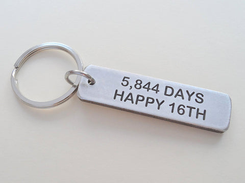 Aluminum Tag Keychain Engraved with "5,844 Days, Happy 16th"; 16 Year Anniversary Gift