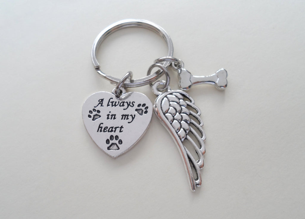 Custom Dog Memorial Keychain • Always in My Heart Keychain with Bone Charm and Wing Charm | JE