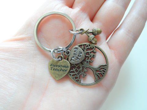 Teacher Appreciation Gifts • "Awesome Teacher" Heart Tag, Bronze Tree, Seeds & "Thank You" Heart Charms Keychain by JewelryEveryday w/ "Teachers plant seeds that grow forever" Card