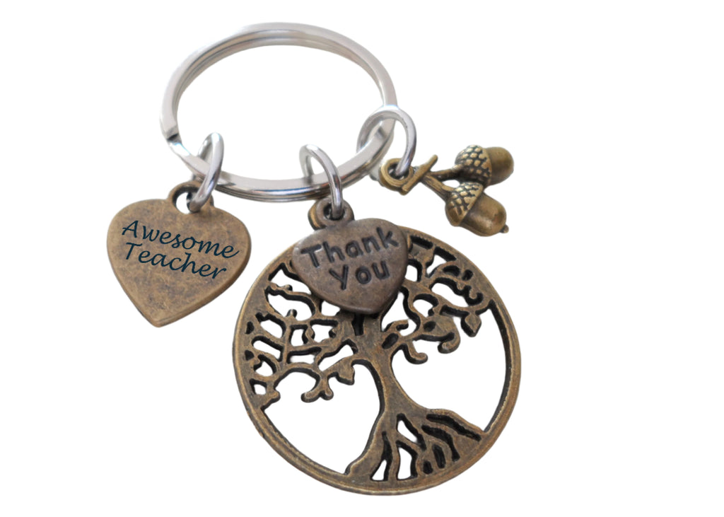 Teacher Appreciation Gifts • "Awesome Teacher" Heart Tag, Bronze Tree, Seeds & "Thank You" Heart Charms Keychain by JewelryEveryday w/ "Teachers plant seeds that grow forever" Card