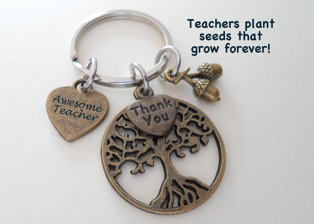 Teacher Appreciation Gifts • "Awesome Teacher" Heart Tag, Bronze Tree, Seeds & "Thank You" Heart Charms Keychain by JewelryEveryday w/ "Teachers plant seeds that grow forever" Card