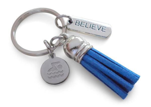 Swimmer Charm, Believe Tag, and Blue Tassel Charm Keychain, Swim Keychain, Swimming Fitness Encouragement Keychain
