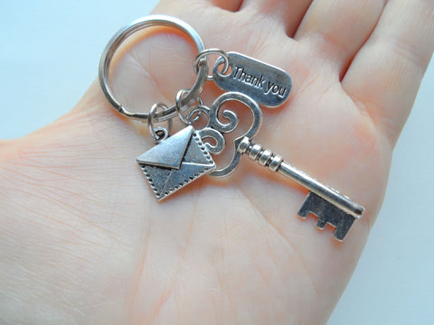 Key & Envelope Charm Keychain with Thank You Charm, Secretary, Office Staff, Postal Worker, & Receptionist Gift Keychain