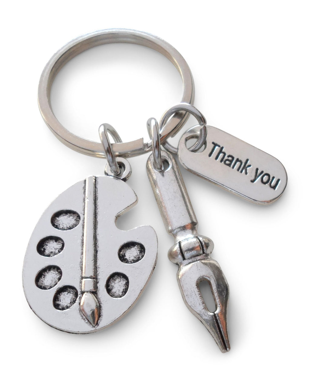 Art Palette Charm Keychain with Calligraphy Pen Charm, & "Thank You" Tag Charm, Art Teacher Keychain