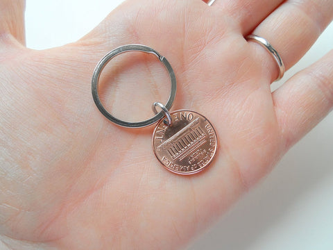 I Love You Heart Charm Layered Over 1991 Penny Keychain; 34 Year Anniversary Gift, Couples Keychain