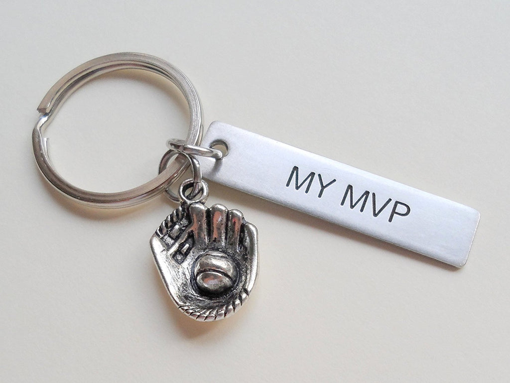 Baseball Mitt Charm Keychain and Steel Tag Engraved with "My MVP", Baseball Fan Keychain Gift