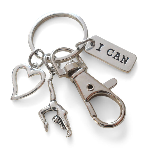 Gymnastics Charm Keychain with Heart & I Can Charm and Swivel Clasp, Gymnast or Dancer Keychain