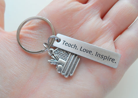 Teacher Appreciation Gifts • "Teach. Love. Inspire." Rectangle Tag w/ Book Stack & School Supplies Charm Keychain by JewelryEveryday