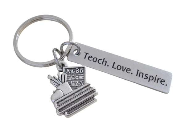 Teacher Appreciation Gifts • "Teach. Love. Inspire." Rectangle Tag w/ Book Stack & School Supplies Charm Keychain by JewelryEveryday