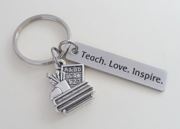 Teacher Appreciation Gifts • "Teach. Love. Inspire." Rectangle Tag w/ Book Stack & School Supplies Charm Keychain by JewelryEveryday