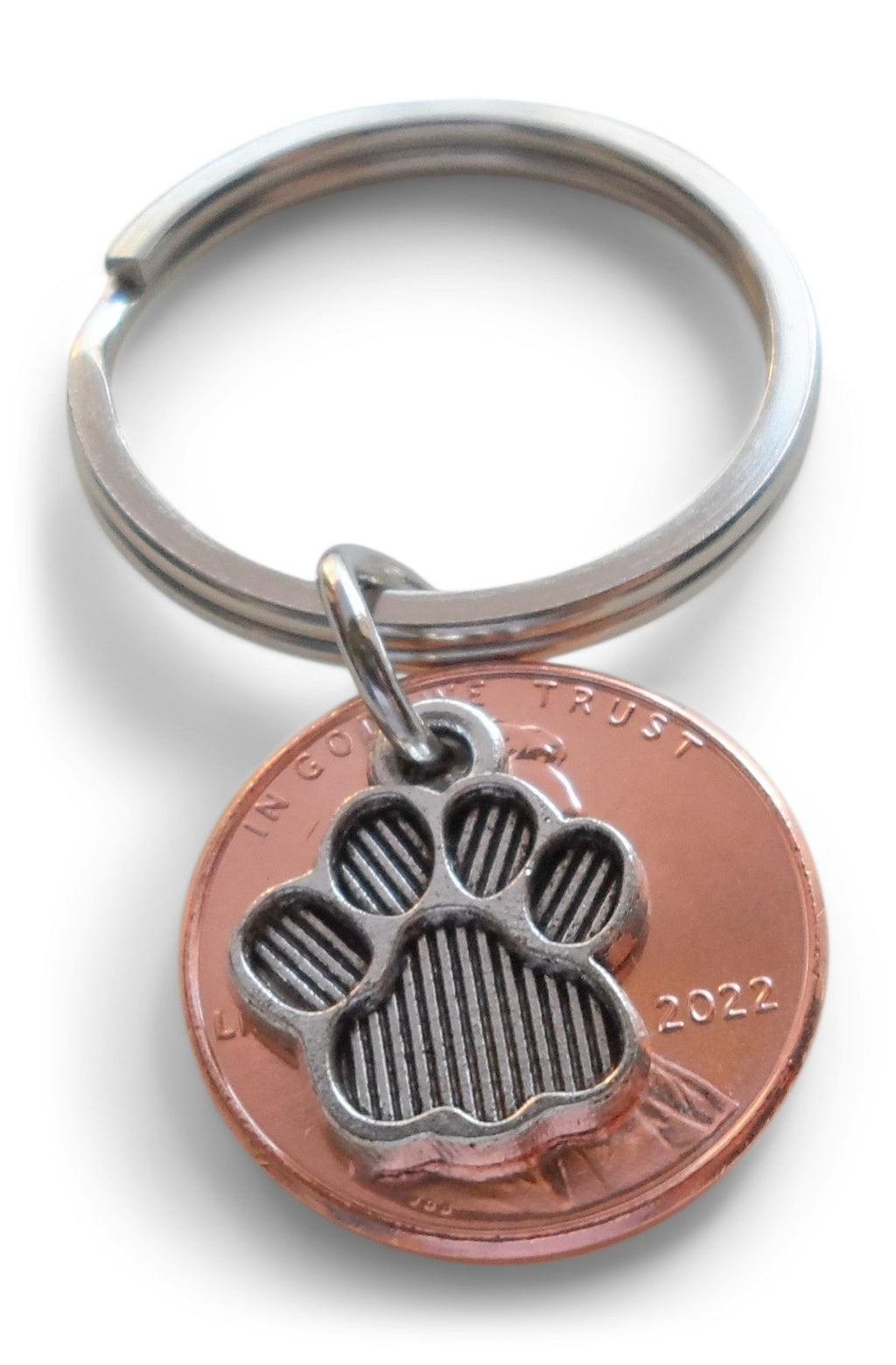 US One Cent Penny Keychain Paw Print Charm, New Pet Adoption Keychain