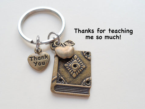 Apple & Book Charm Keychain for Teachers in Bronze with "Thank You" Tag