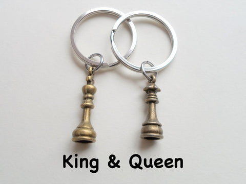 Bronze Chess Piece Charm Keychains, King and Queen Set - Couples Keychain Set