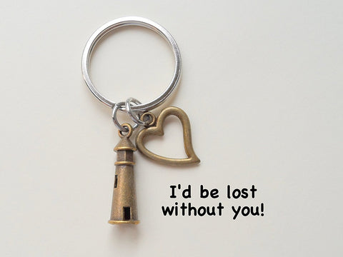 Bronze Lighthouse Keychain With Heart Charm- I'd Be Lost Without You; Couples Keychain