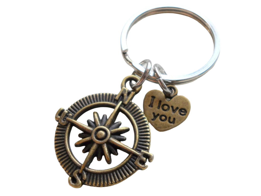 Bronze Open Metal Compass Keychain with "I Love You" Heart Charm- I'd Be Lost Without You; 8 Year Anniversary Gift, Couples Keychain