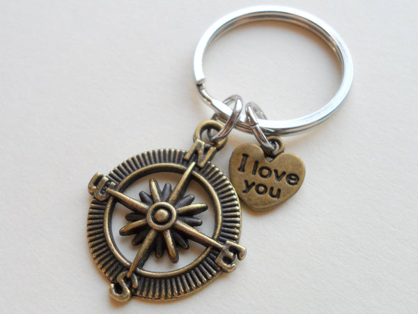 Bronze Open Metal Compass Keychain with "I Love You" Heart Charm- I'd Be Lost Without You; 8 Year Anniversary Gift, Couples Keychain