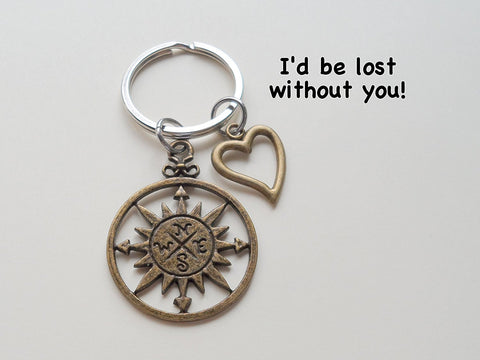 Bronze Sun Compass Keychain with Heart Charm - I'd Be Lost Without You; Couples Keychain