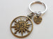 Bronze Sun Compass Keychain with "I Love You" Heart Charm - I'd Be Lost Without You; Couples Keychain