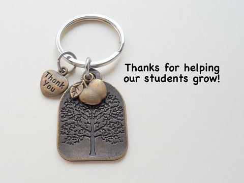 Teacher Appreciation Gifts • "Thank You" Tag, Bronze Tree, & Apple Keychain by JewelryEveryday w/ "Thanks for helping our students grow!" Card