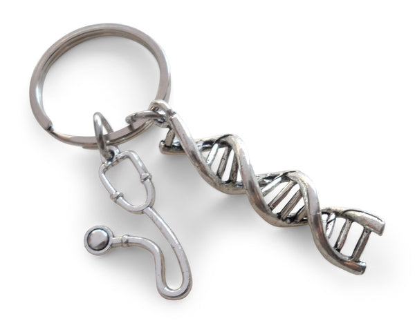 DNA Molecule Double Helix & Stethoscope Charm Keychain, Medical Geneticists Keychain, Science Keychain