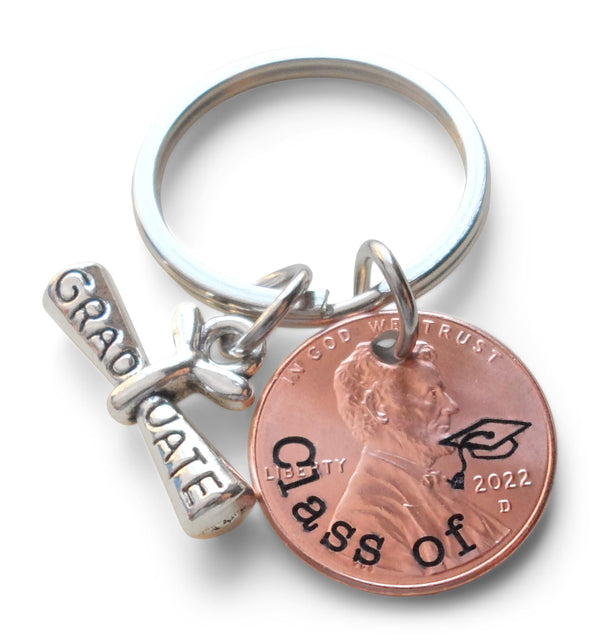 Class of 2024 Engraved Good Luck Penny Keychain with Graduate Scroll Charm, Graduation Keychain