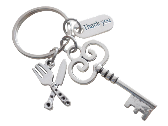 Key & Fork Charm Keychain with Thank You Charm, Food Server, Restaurant Server, School Lunch Serving Staff Appreciation Keychain