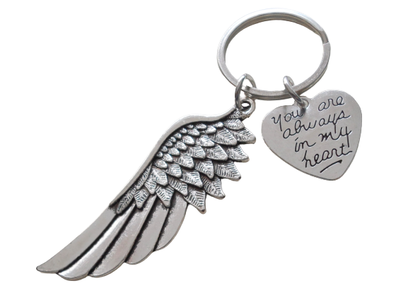 Wing Charm Keychain with "You Are Always in My Heart" Charm, Memorial Keychain