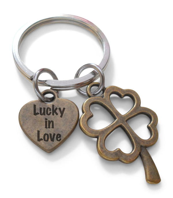 "Lucky in Love" Bronze Heart & Clover Charm Keychain, Anniversary Keychain, Couples Keychain