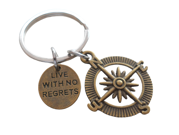 Bronze Compass Charm Keychain with "Live With No Regrets" Disc Charm