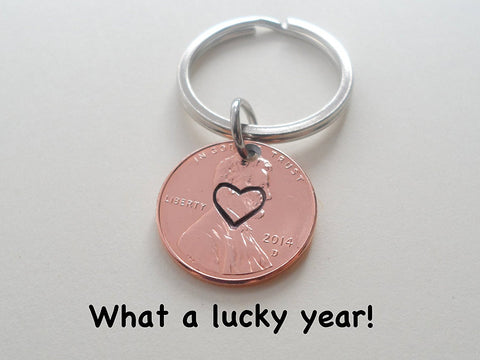Centered Heart Stamped on 2014 Penny Keychain; 8 Year Anniversary Gift