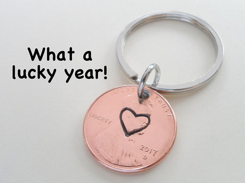 Centered Heart Stamped on 2017 Penny Keychain; 7 Year Anniversary Gift, Couples Keychain