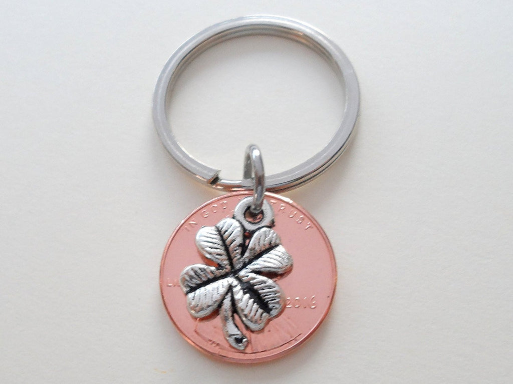 Clover Charm Layered Over 2016 Penny Keychain, 6 Year Anniversary Gift, Couples Keychain