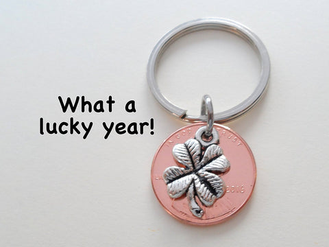 Clover Charm Layered Over 2015 Penny Keychain; 7 Year Anniversary Gift, Birthday Gift, Couples Keychain