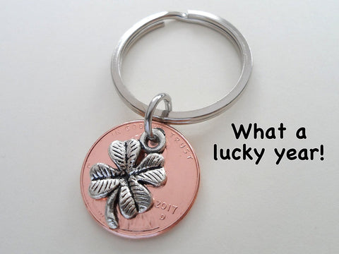 Clover Charm Layered Over 2017 Penny Keychain; 5 Year Anniversary Gift, Couples Keychain
