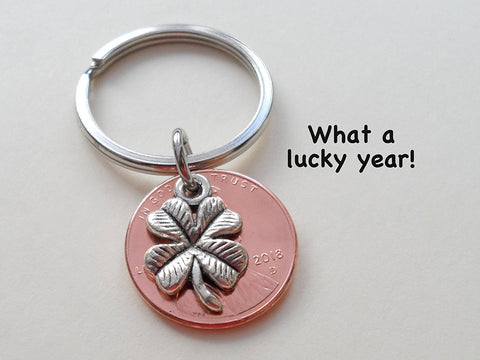 Clover Charm Layered Over 2018 US One Cent Penny Keychain; 6-year Anniversary Gift, Couples Keychain