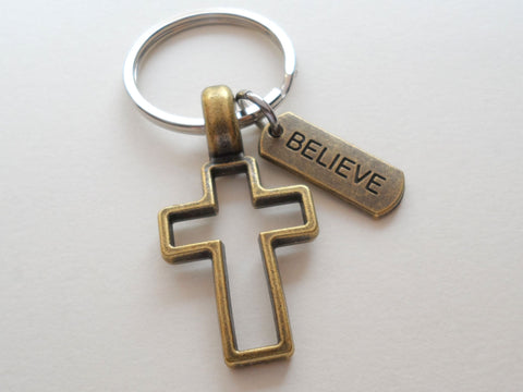 Bronze Cross Keychain with Believe Tag Charm, Religious Keychain