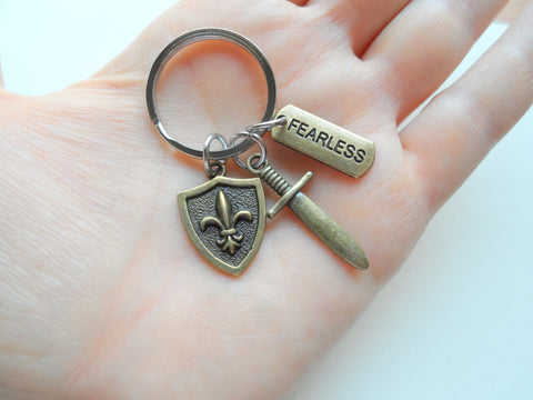 Bronze Sword, Small Shield & Fearless Charm Keychain, Knight Keychain, Warrior Keychain, Fantasy Keychain