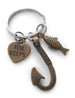 Bronze Fish Hook Keychain with Small Fish and For Keeps Heart Charm - I'm Hooked On You; Couples Keychain