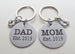 Dad Est. 2020 Disc Keychain & Mom Est. 2020 Disc Keychain with Baby Feet Charm; Father's Keychain, Mother's Keychain