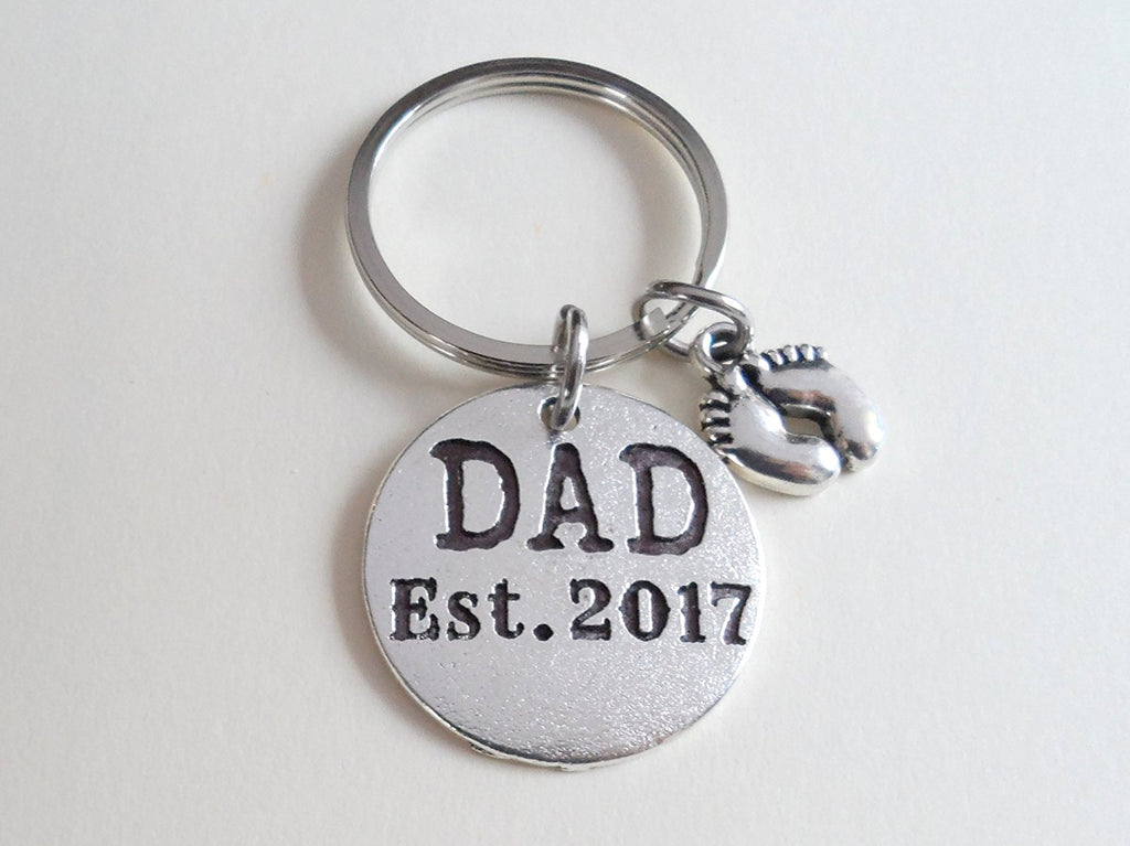 Dad Est. 2017 Disc Keychain with Baby Feet Charm; Father's Keychain