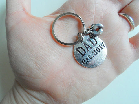 Dad Est. 2017 Disc Keychain with Baby Feet Charm; Father's Keychain