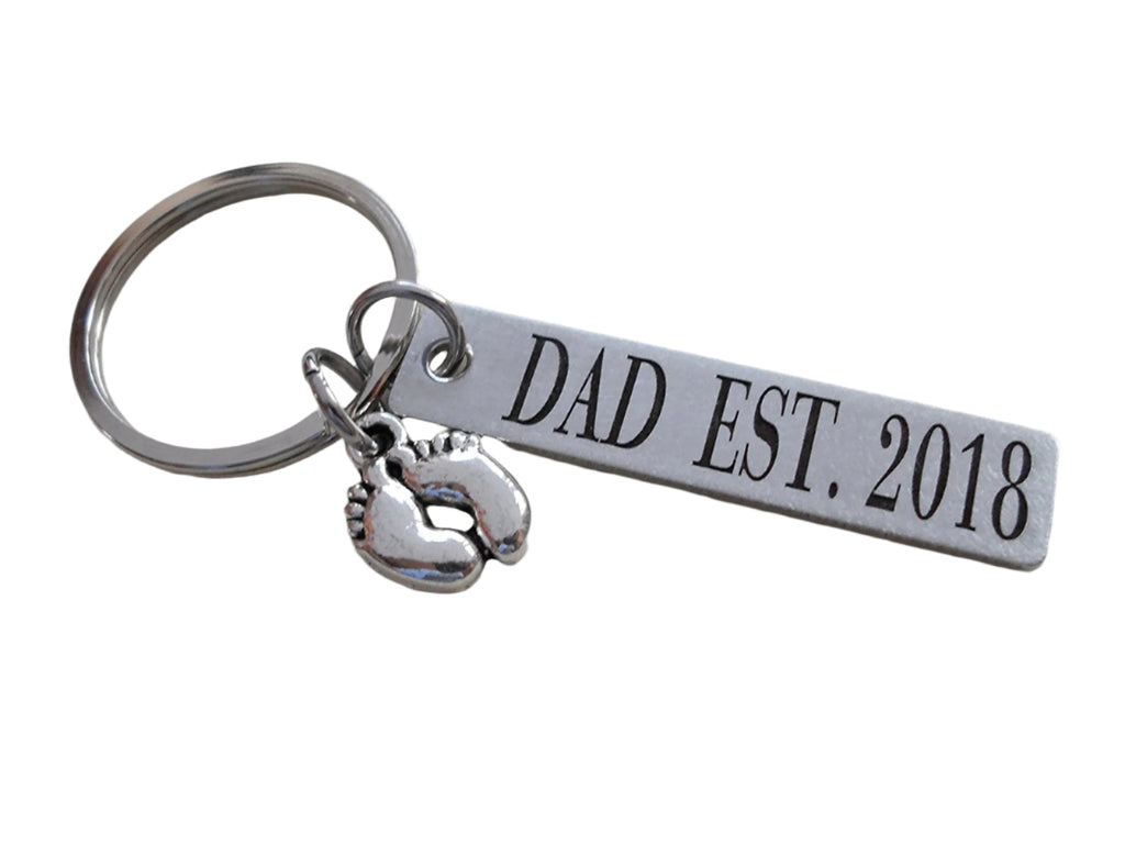 Dad Est. 2018 Engraved Rectangle Keychain with Baby Feet Charm; Father's Keychain