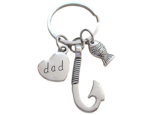 Dad Fish Hook Keychain with Little Fish Charm - Hooked on You Dad; Father's Keychain